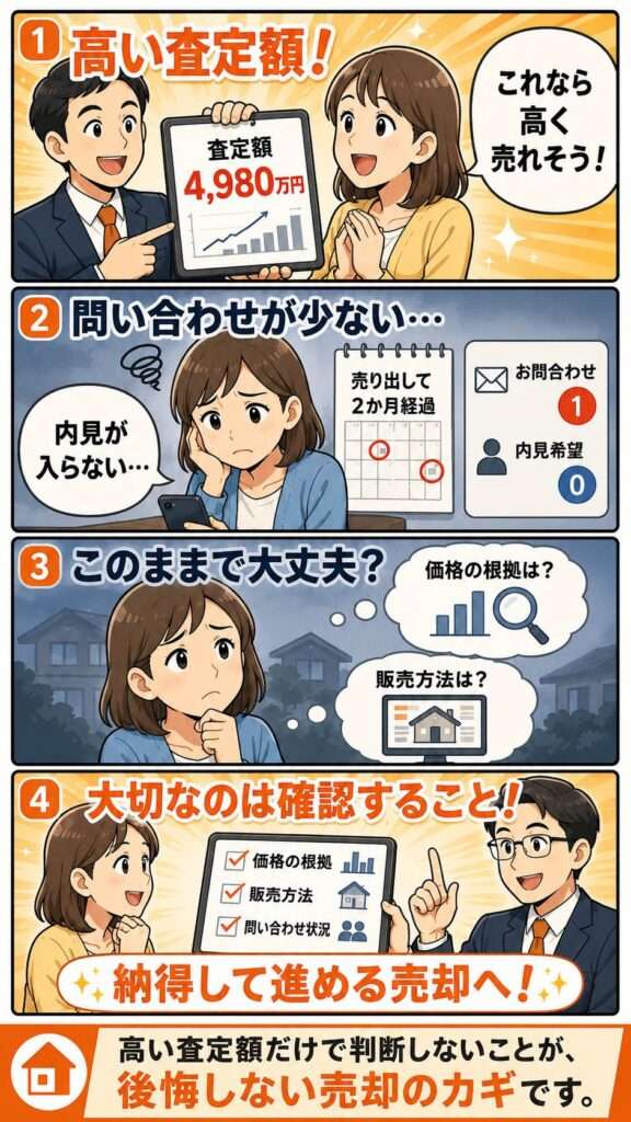 高い査定額だけで不動産売却を判断する危険性と、価格の根拠・販売方法・問い合わせ状況を確認する大切さを説明する4コマ漫画