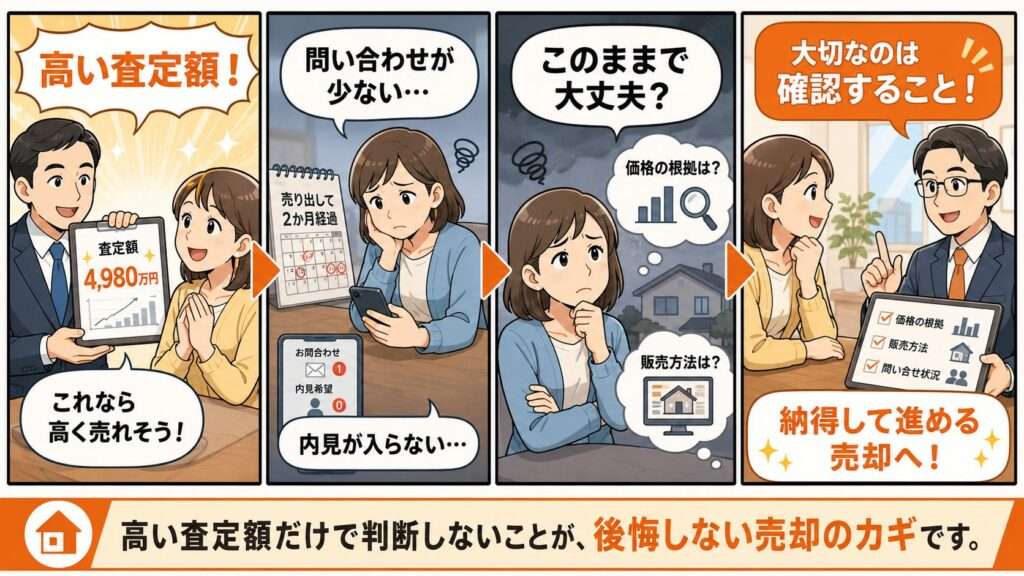高い査定額だけで不動産売却を判断する危険性と、価格の根拠・販売方法・問い合わせ状況を確認する大切さを説明する4コマ漫画