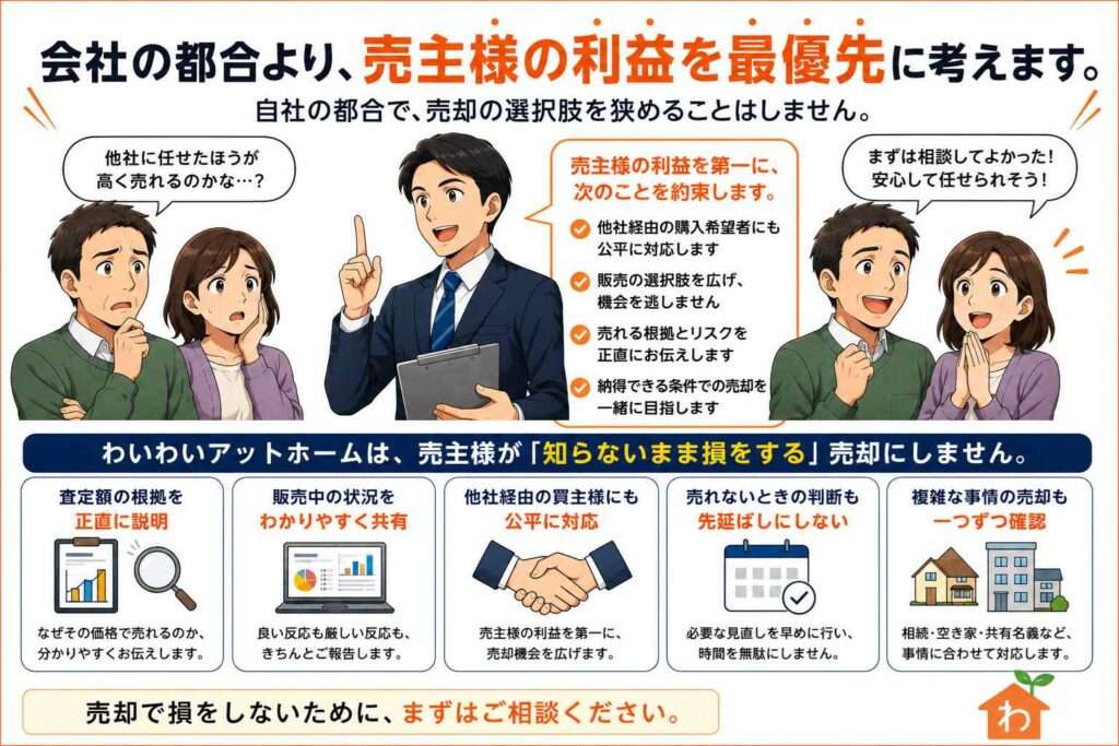 当社は、会社都合ではなく、売主様の利益を第一に考えて売却を進めます。