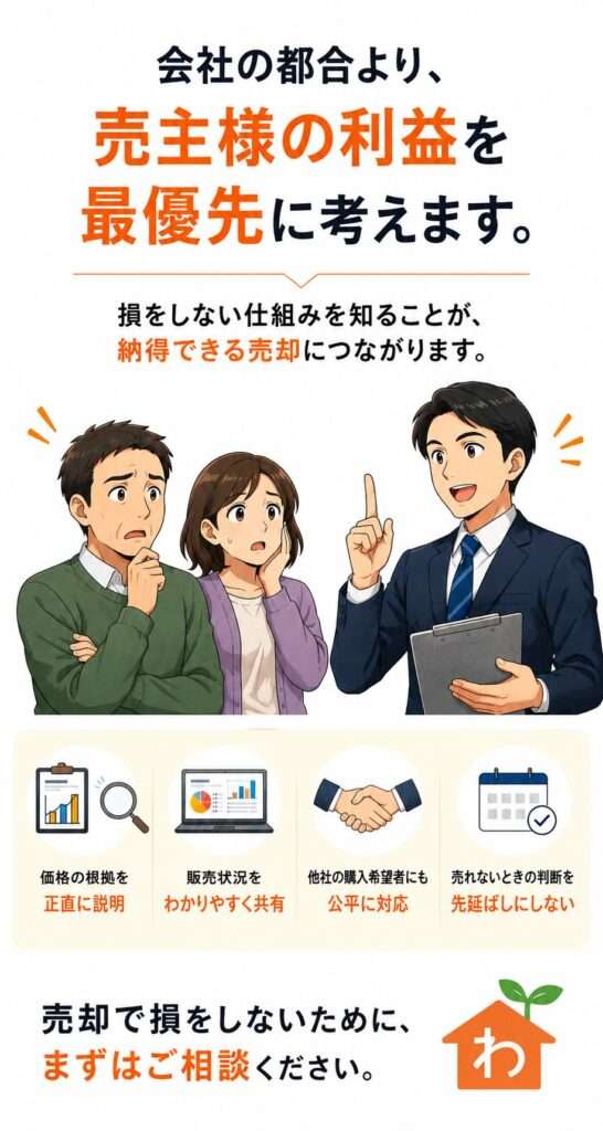 当社は、会社都合ではなく、売主様の利益を第一に考えて売却を進めます。