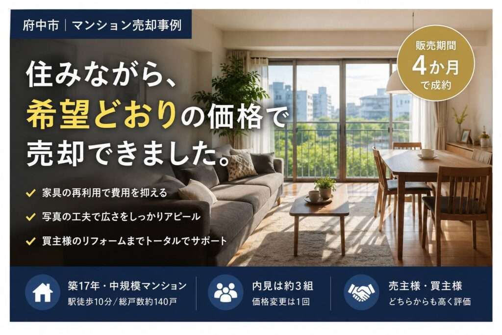 府中市の築17年マンションを住みながら販売し、家具の再利用や価格の見直しを行い、4か月で希望どおりの価格で成約した売却事例