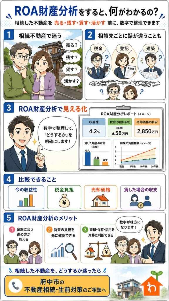 ROA財産分析で、相続不動産の収益性、税金や修繕費の負担、売却価格、賃貸収支を比較し、売る・残す・貸す・活かす選択肢を確認する図