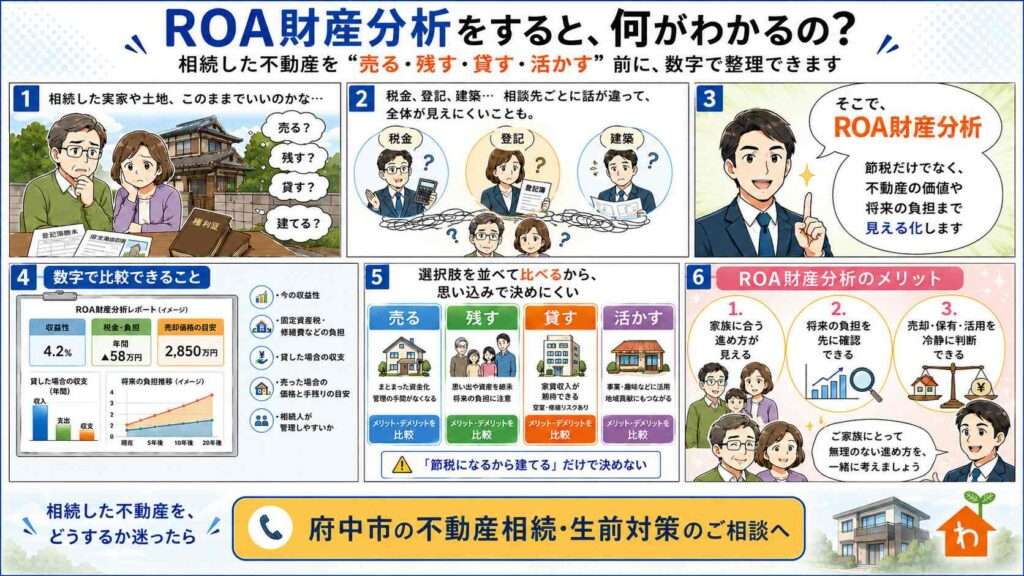 ROA財産分析で、相続不動産の収益性、税金や修繕費の負担、売却価格、賃貸収支を比較し、売る・残す・貸す・活かす選択肢を確認する図