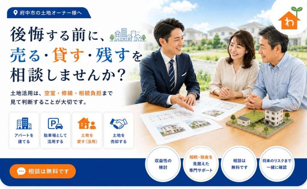 府中市で土地活用に迷う方へ。後悔する前に、売る・貸す・残すを相談する案内画像